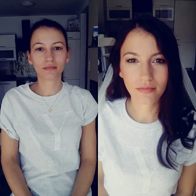 Ślubna metamorfoza, Pani Młoda bez Makijażu i Pani Młoda po próbnym makijażu. Fryzura próbna i makijaż próbny. Podkreślający urodę makijaż. Kraków dojazd do klienta