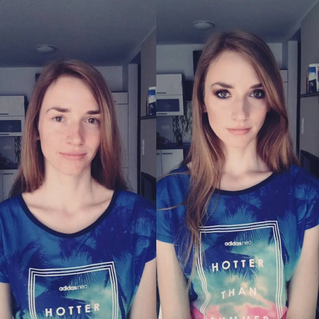 Metamorfoza zdjęcie przed i po. Mocny makijaż oczu typu smoky eyes, Konturowanie i modelowanie twarzy, usta pomadka i błyszczyk w kolorze nude. Podkreślający urodę modelki intensywny makijaż Stylizacja. Przygotowanie modelki do sesji zdjęciowej