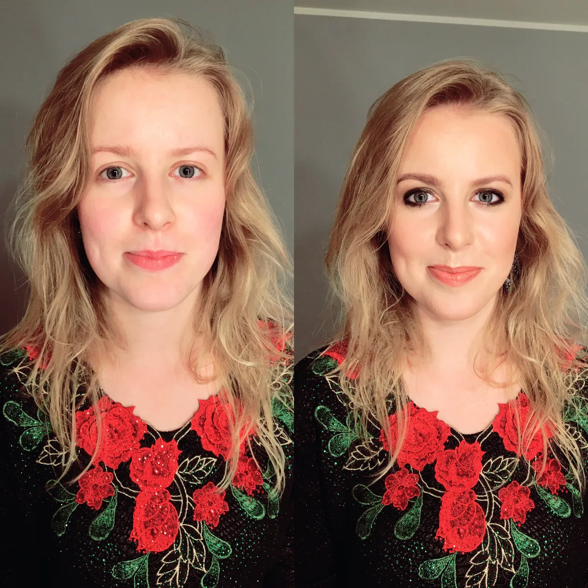 Bond włosy, mocny makijaż oka, lekka naturalna fryzura. Smokey eye dla blondynki, smokey eye na imprezę, smokey eye na studniówkę