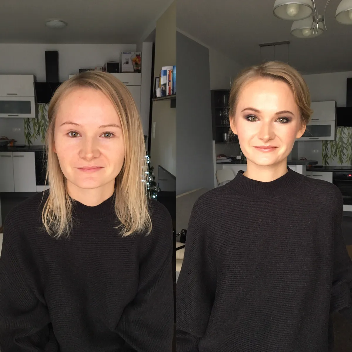 Metamorfoza. Makijaż przed i po. Pani Młoda. Makijaz dla Pani Młodej. Profesjonalny makijaż ślubny Kraków. Makijaż i fryzura ślubna Kraków. Makijażystka i fryzjerka ślubna. Dojazd do klienta. Podkreśłone oko. Życzenie klientki